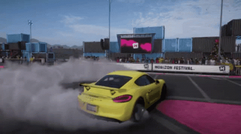 A Yellow Car Is Drifting In Front Of A Banner That Says Horizon Festival GIF