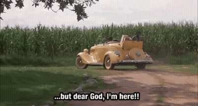 A Yellow Car Is Driving Down A Dirt Road And Says But Dear God I 'M Here ! GIF