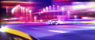 A Yellow Car Is Driving Down A Purple Street At Night GIF