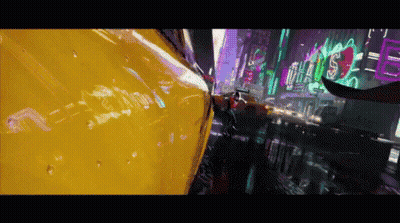 A Yellow Car Is Driving Down A Street With A Neon Sign That Says ' S.p.d. ' GIF