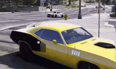A Yellow Car Is Driving Down A Street With A White Car Behind It GIF