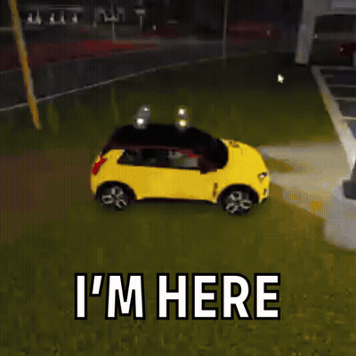 A Yellow Car Is Parked Next To A Red Car With The Words I 'M Here GIF