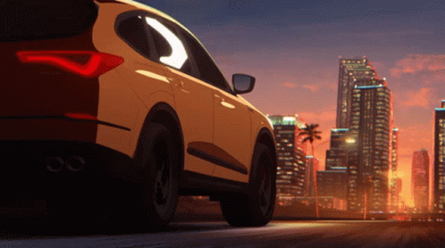 A Yellow Car Is Parked On The Side Of The Road In Front Of A City Skyline GIF