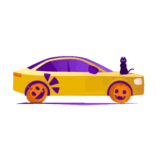 A Yellow Car With Orange Wheels And A Black Cat On Top Of It Sticker