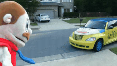A Yellow Car With The Word Jeffy On The Front GIF