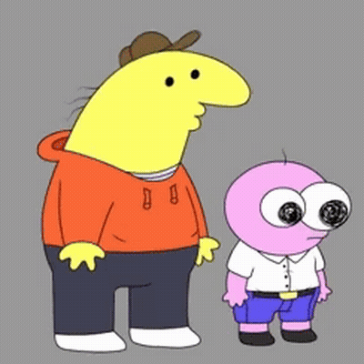 A Yellow Cartoon Character And A Pink Cartoon Character With Big Eyes GIF