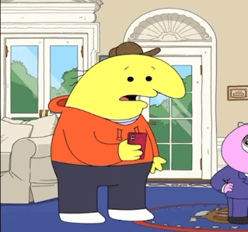 A Yellow Cartoon Character Holding A Cell Phone With The Letter I On It GIF