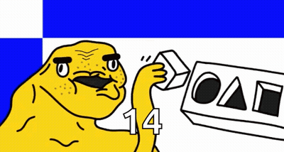 A Yellow Cartoon Character Is Holding A Block With The Number 14 Written On It . GIF