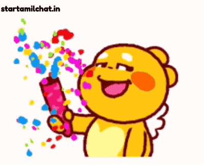 A Yellow Cartoon Character Is Holding A Confetti Cannon And Smiling GIF