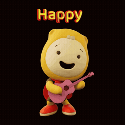 A Yellow Cartoon Character Is Holding A Pink Guitar And The Words Happy Are Above Him GIF