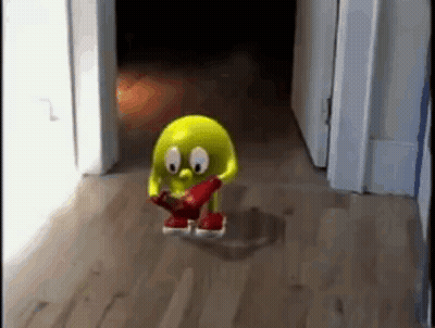 A Yellow Cartoon Character Is Walking Down A Hallway Holding A Guitar . GIF