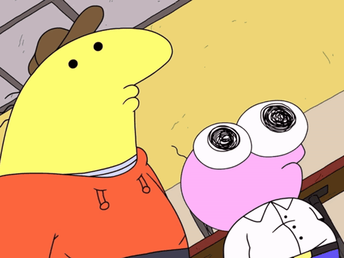 A Yellow Cartoon Character Stands Next To A Pink Cartoon Character With Huge Eyes GIF