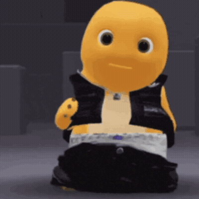 A Yellow Cartoon Character Wearing A Black Vest And Pants GIF
