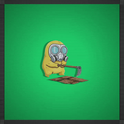 A Yellow Cartoon Character Wearing A Gas Mask And Holding A Shovel GIF
