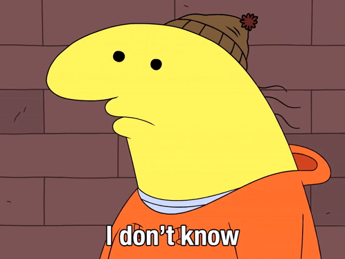 A Yellow Cartoon Character Wearing An Orange Hoodie And A Brown Hat Says I Don 'T Know GIF