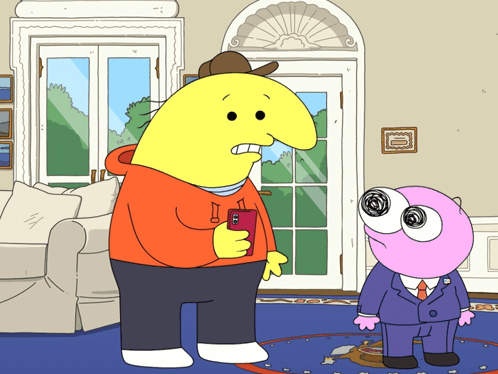 A Yellow Cartoon Character With A Hoodie That Says ' I ' On It Stands Next To A Pink Cartoon Character GIF