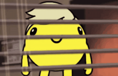 A Yellow Cartoon Character With A White Haircut Behind Blinds GIF