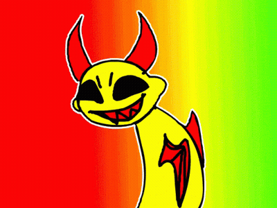 A Yellow Cartoon Character With Red Horns And A Red Tail GIF