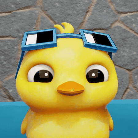 A Yellow Cartoon Chicken Wearing Blue Goggles On Its Head GIF