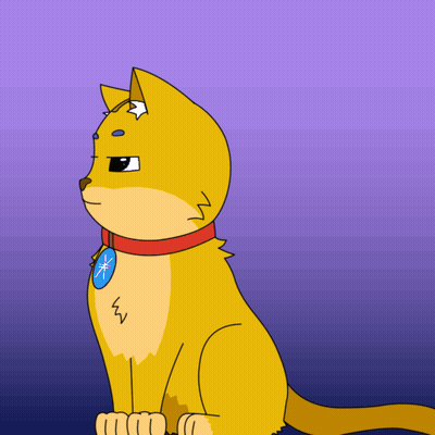 A Yellow Cat With A Red Collar And A Blue Badge On Its Chest GIF