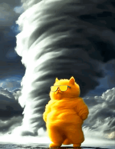 A Yellow Cat With Sunglasses Stands In Front Of A Tornado GIF