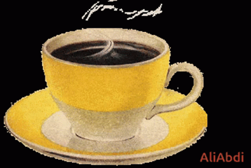 A Yellow Cup Of Coffee Sits On A Yellow Saucer With The Name Aliabdi On The Bottom GIF