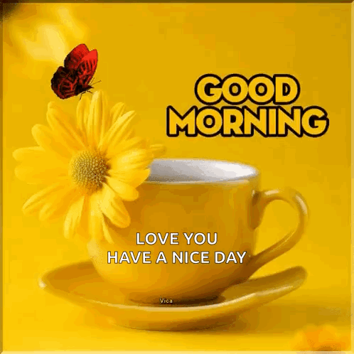 A Yellow Cup Of Coffee With A Yellow Flower And A Butterfly On A Saucer . GIF