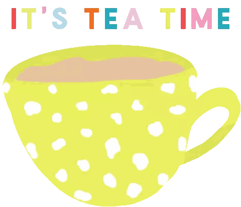 A Yellow Cup With White Polka Dots And The Words " It 'S Tea Time " Sticker