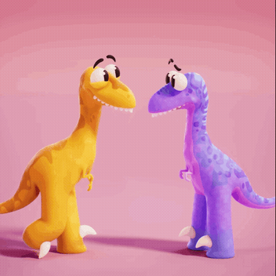 A Yellow Dinosaur And A Purple Dinosaur Are Looking At Each Other On A Pink Background GIF