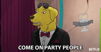A Yellow Dog In A Suit And Bow Tie Says Come On Party People Netflix GIF