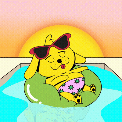 A Yellow Dog Wearing Sunglasses Is Floating In A Pool With The Words Happy Labor Day Above Him GIF