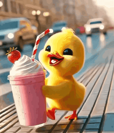 A Yellow Duck Is Drinking A Milkshake With Whipped Cream And Strawberries On Top GIF