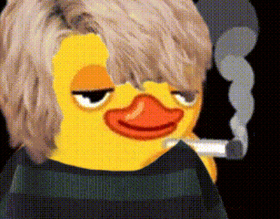 A Yellow Duck Is Smoking A Cigarette While Wearing A Black And Green Striped Shirt . GIF
