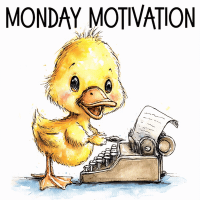 A Yellow Duck Is Standing Next To A Typewriter With The Words Monday Motivation Written Above It GIF
