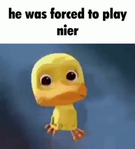 A Yellow Duck With Big Eyes Is Standing In Front Of A Blue Background And The Words `` He Was Forced To Play Nier '' . GIF