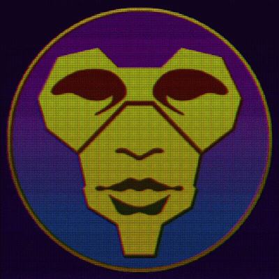 A Yellow Face In A Purple Circle With Red Eyes GIF