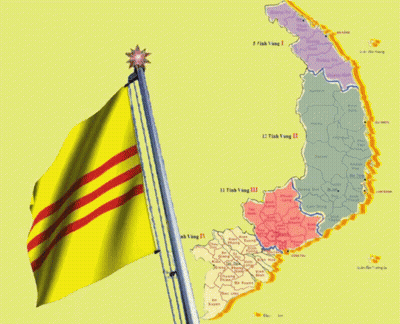 A Yellow Flag Is Flying In Front Of A Map Showing The Provinces Of Vietnam GIF