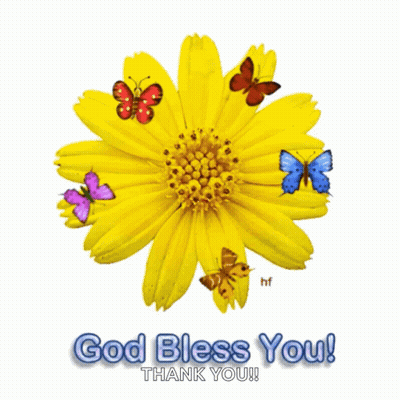 A Yellow Flower Is Surrounded By Butterflies And Says God Bless You Thank You GIF