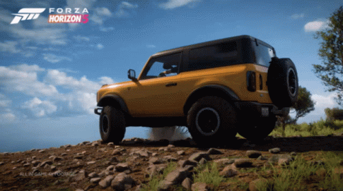 A Yellow Ford Bronco Is Parked On A Rocky Hillside In Front Of A Forza Horizon Logo GIF