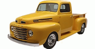 A Yellow Ford Truck Is Sitting On A White Surface GIF