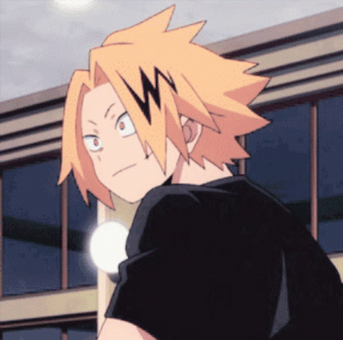 A Yellow Haired Anime Character With A Black Shirt GIF