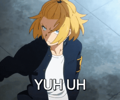 A Yellow Haired Anime Character With The Word Yuhuh Written On The Bottom GIF