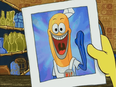 A Yellow Hand Is Holding A Picture Of A Smiling Cartoon Character Named Marvin GIF