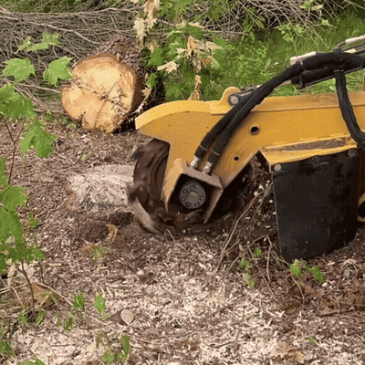 A Yellow Machine Is Cutting A Tree Stump In The Ground GIF