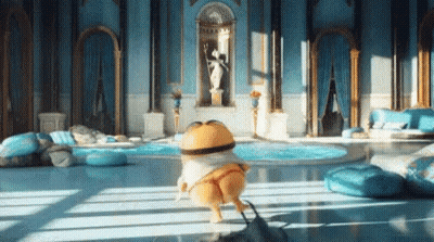 A Yellow Minion Is Standing In A Room With A Pool . GIF