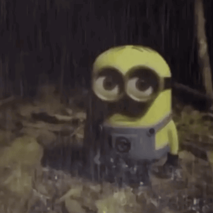 A Yellow Minion Is Standing In The Rain In A Forest . GIF