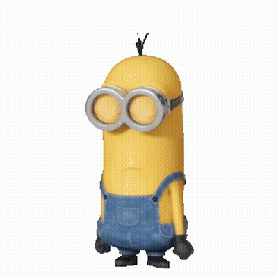 A Yellow Minion Wearing Overalls And Goggles Is Standing With His Eyes Closed GIF
