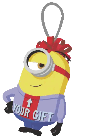 A Yellow Minion With A Red Bow On His Head And A Shirt That Says Your Gift Sticker