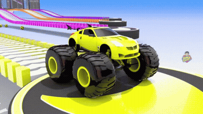A Yellow Monster Truck Is Driving On A Track With A Sign That Says ' Hot Wheels ' On It GIF