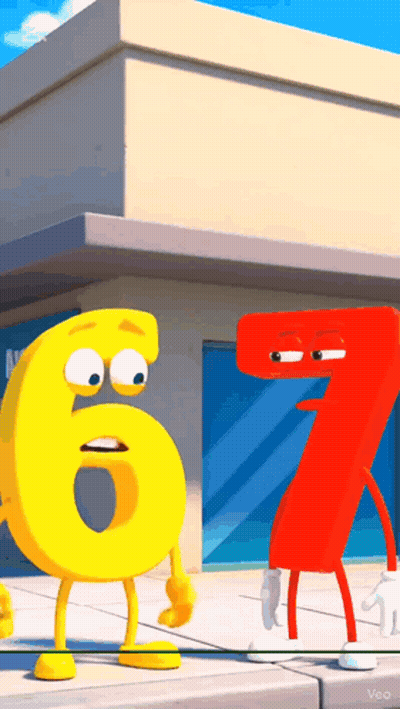 A Yellow Number 6 And A Red Number 7 Are Standing Next To Each Other On A Sidewalk GIF